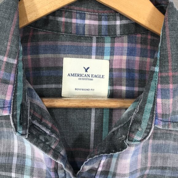 American Eagle Shirt Womens Small Pink Plaid Boyfriend Fit Button Up Chambray LS - Picture 3 of 12